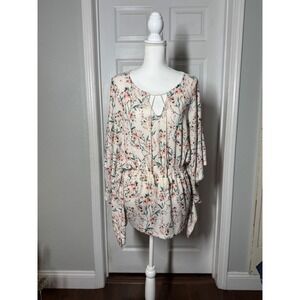Signature Studio floral boho tunic top L pink green tie waist lightweight blouse